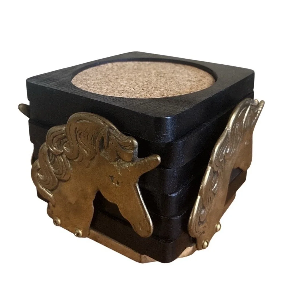 Vintage  Coaster‎ Set Black Wooden Cork Top Brass Unicorn Holder